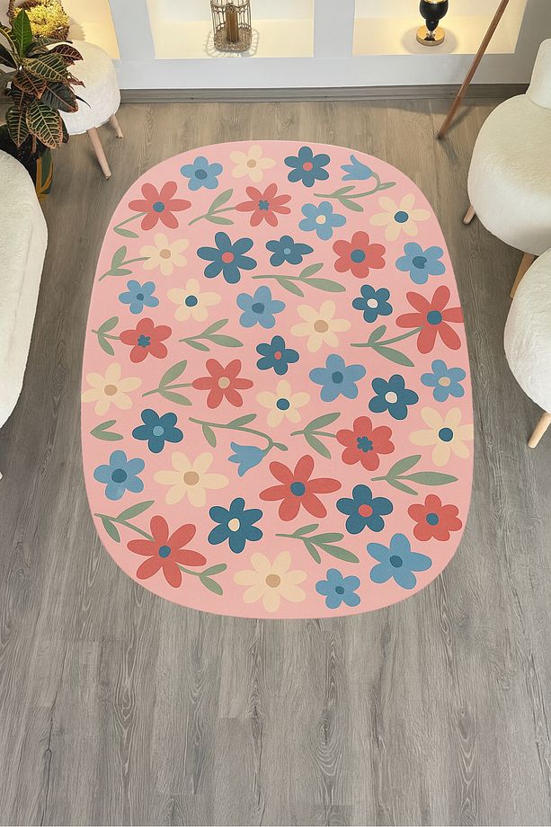 Mosso Pembe Renkli Çiçekler Desenli Dokuma Taban Modern Dekoratif Halı mosso146 - 5