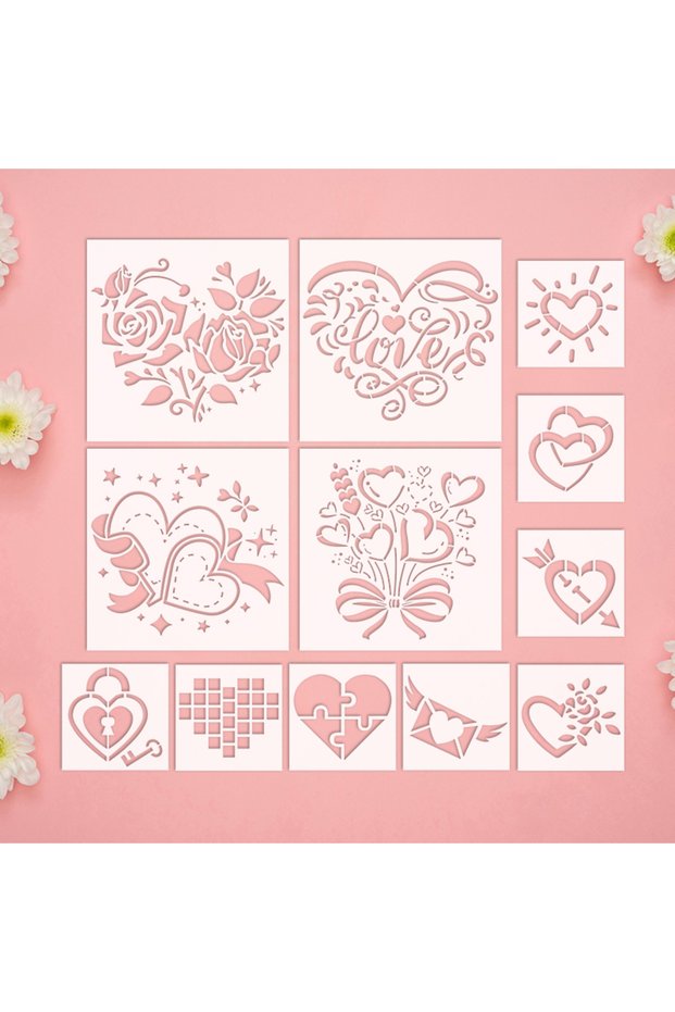 12pcs YOMDID 12pcs Love Hearts and Heart Themed PET Painting Hollow Out Stencil Reusable DIY Heart P
