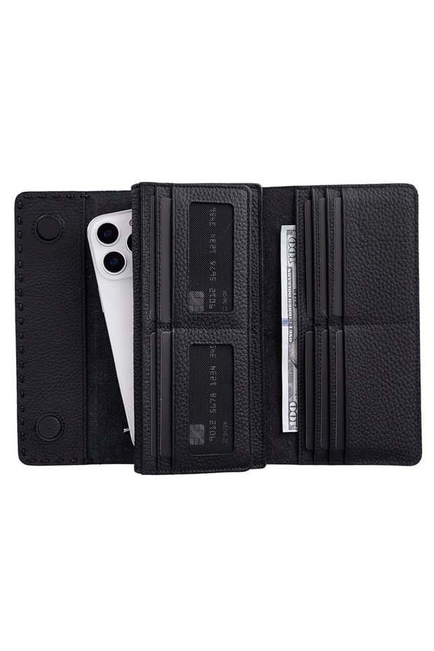 Noble Genuine Leather, Handmade, Phone Compartment, Women's Wallet, Charcoal Black