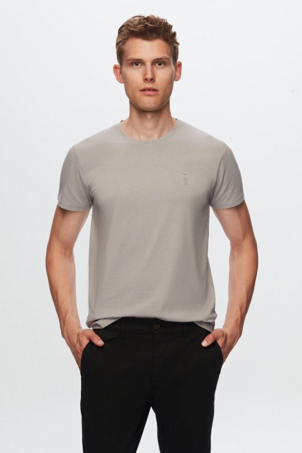 Slim Fit Gray Plain Embossed Printed T-Shirt