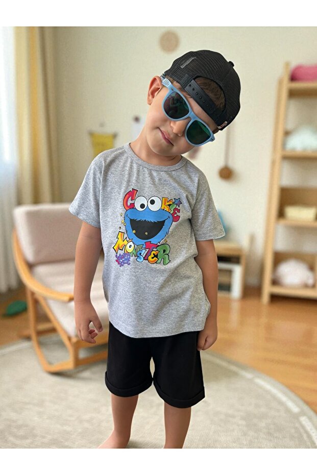 Cookie Monster Nursery Kindergarten Team Unisex Children Shorts T-Shirt Suit Cotton Combed Fabric Gift