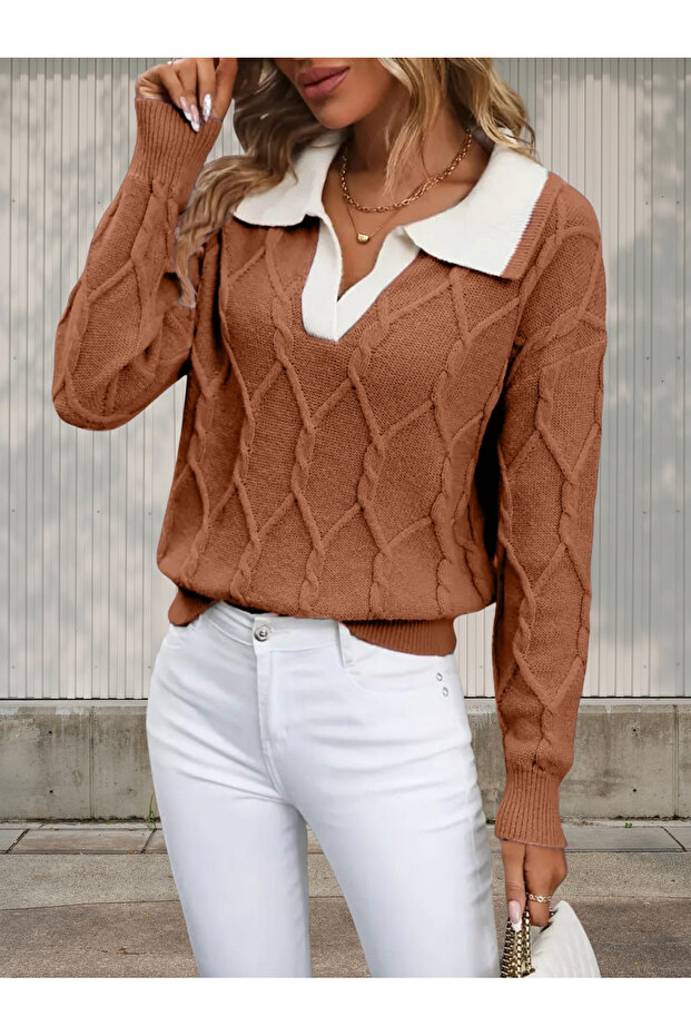 Polo Neck Knitted Patterned Women's Cinnamon Knitwear Sweater