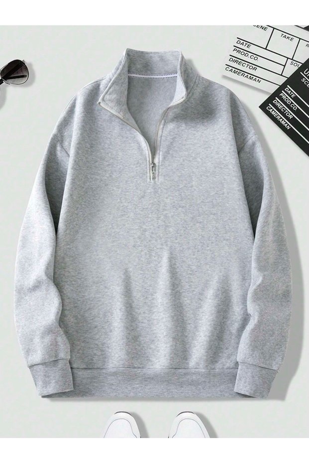 Gray Unisex Men/Women Solid Color Stand Collar Half Zipper Cotton Oversize