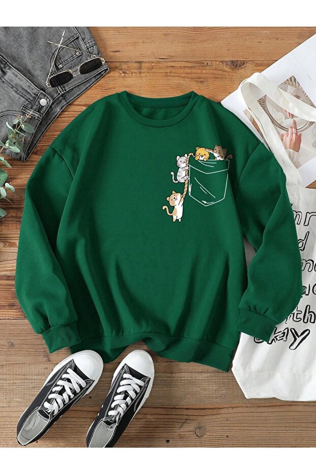 Green Women's Green Cat Custom Chest Printed Oversize Crew Neck