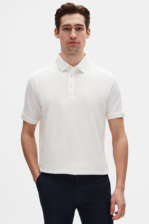 Ds Damat Regular Fit Ecru Pique Textured 100% Cotton Polo T-Shirt