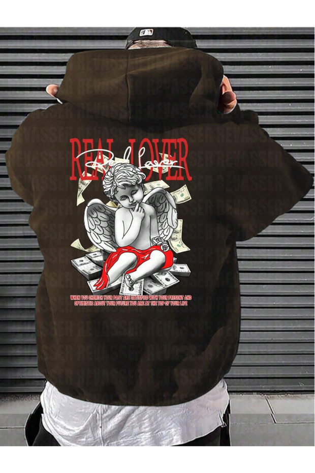 Brown Unisex Oversize Real Lover Printed Loose Cut Hooded Hoodie