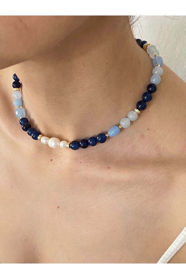 Real Natural Stone Design Steel Necklace Pearl/ / Pink Quartz7 Aventurine/ Sodalite Stone