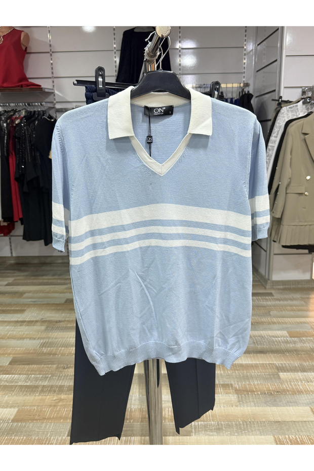 Stripe Detailed Polo Neck Short Sleeve Blouse 53300