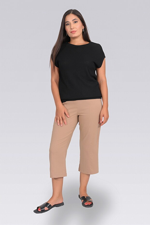 30267 Camel Thin Fabric Comfortable Cut Capri with Elastic Waist