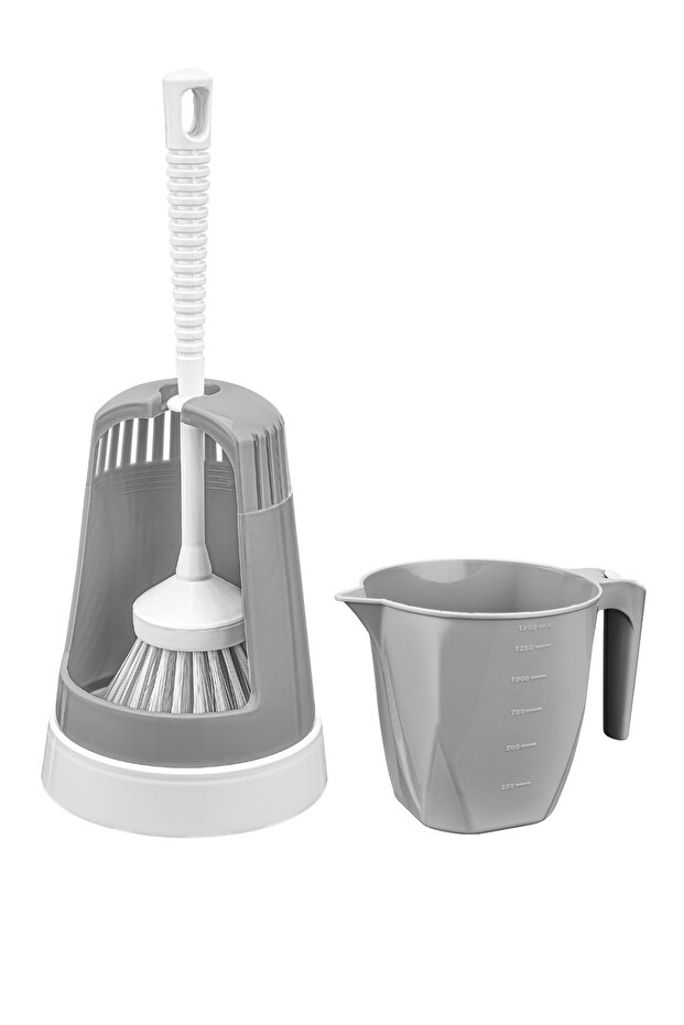3’lü WC Tuvalet Temzilk Seti, Klasik WC Fırça Takımı + Maşrapa 1,5 Lt + Sessiz WC Kapağı Seti GRİ - 2