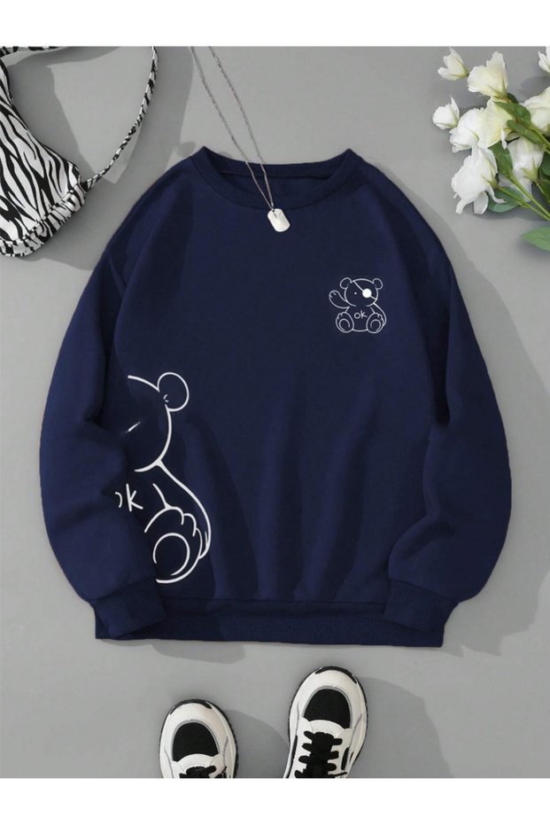 Navy Blue Unisex Men/Women Ok Bear Special Color Printed Oversize Cotton Crew Neck