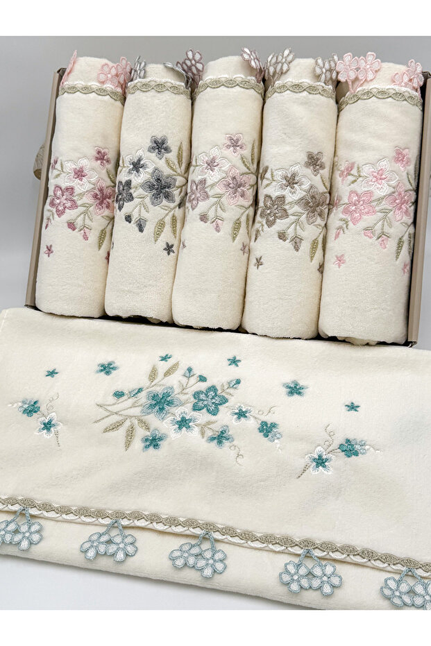 6-Piece Flower Earring Embroidered Colorful Boxed Dowry 50X90 Hand Face Towel Set