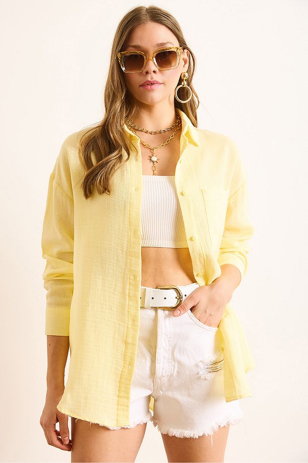 Kadın Açık Sarı Oversize Basic Müslin Gömlek GML-19001217 - 4