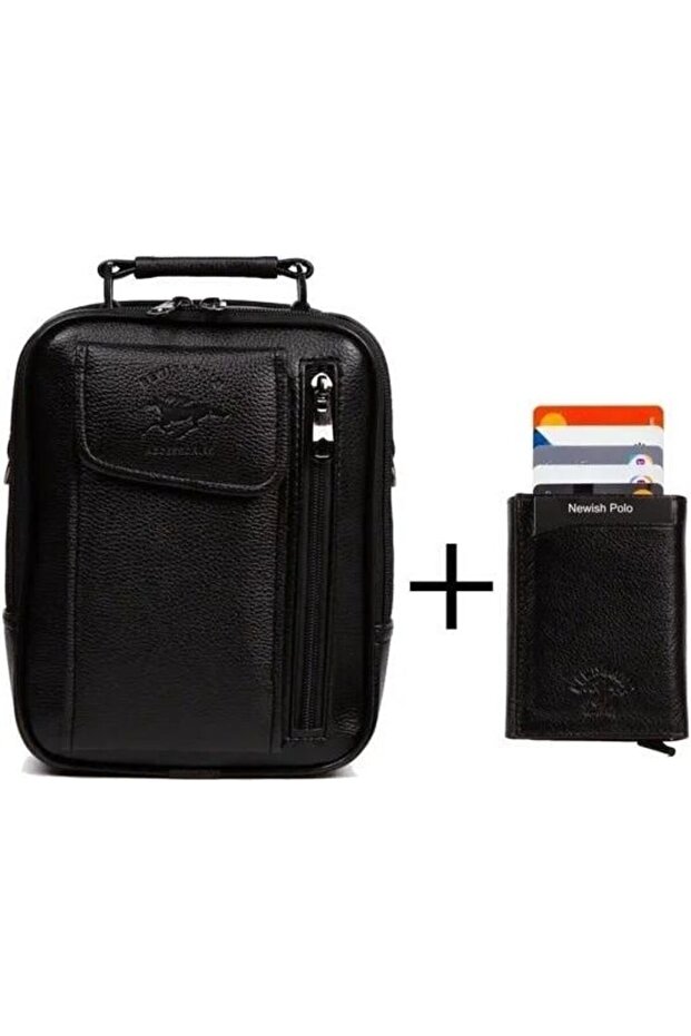 Men's Mechanized Wallet and Leather Steel Case Clamshell Shoulder and Hand Bag (17X22Cm) - Black
