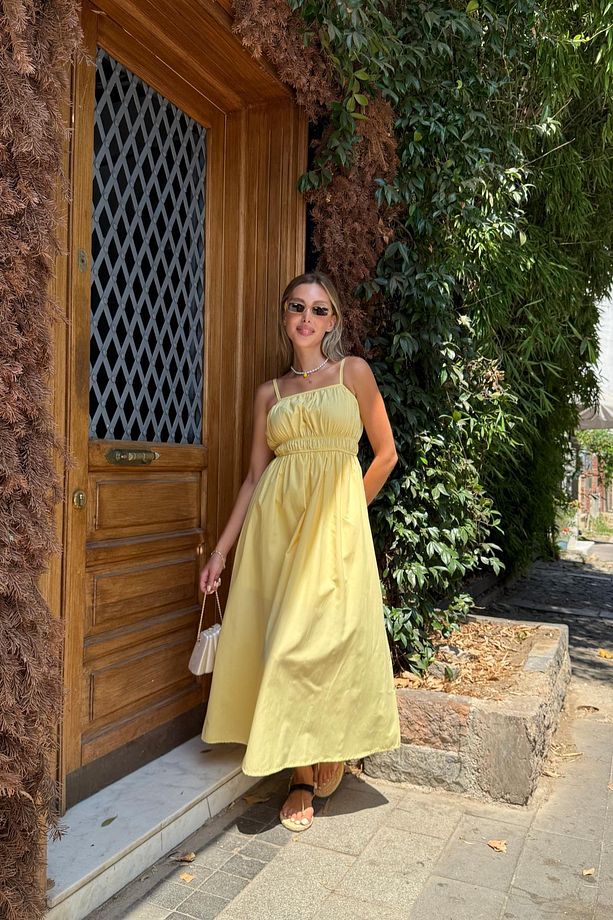 Askı Ayarlı Beli Lastikli Terrycotton Elbise SARI - 5