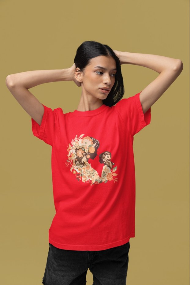 Unisex Men/Women Mother Child Silhouette Color Printed Oversize 100% Cotton T-Shirt