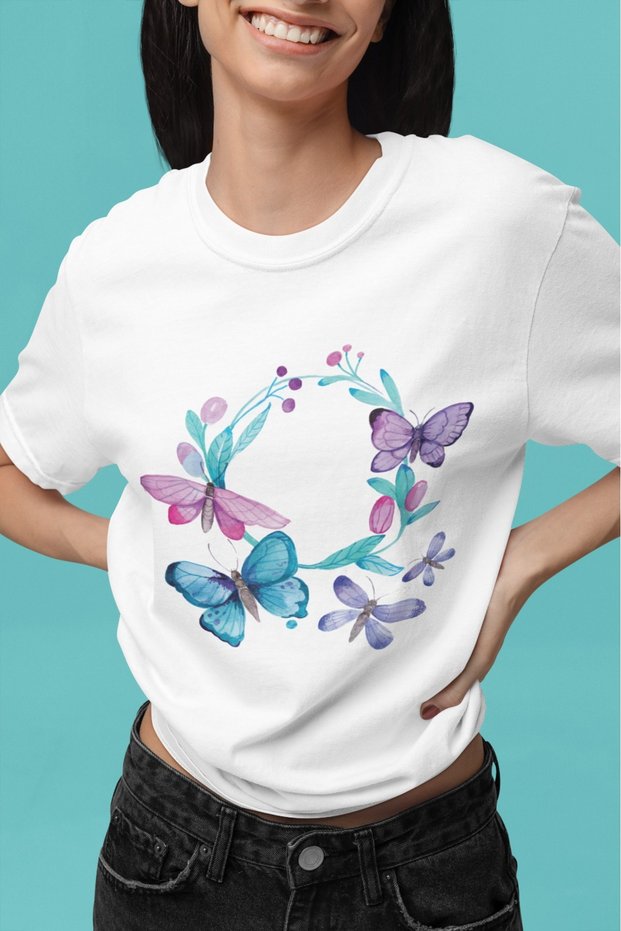 Unisex Men/Women Blue Butterfly Color Printed Oversize 100% Cotton T-Shirt