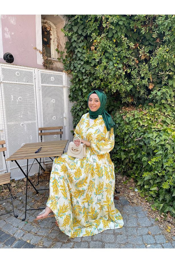Mimoza Çiçek Desenli Sarı Elbise - 5