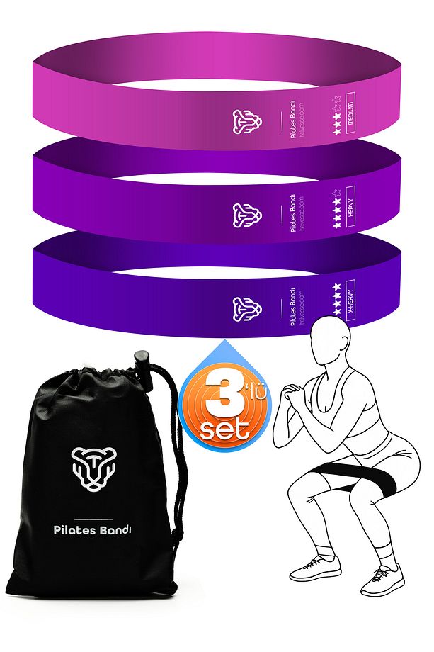 3'lü Pilates Direnç Lastiği Seti – Pembe Ton Loop Bant Squat ve Egzersiz Kapalı Uç - 1