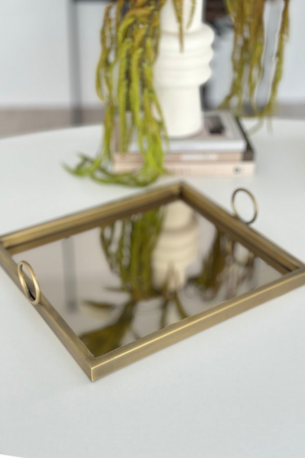 Metal Tray with Square Handles Antique-Bronze Mirrored Decorative Tray
