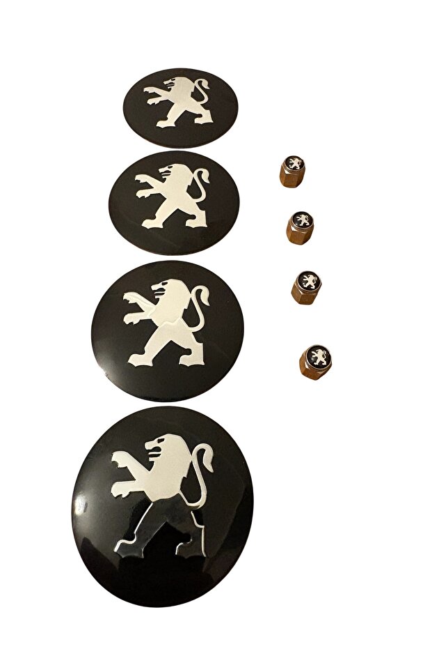 Peugeot logo aluminum material 4 piece wheel hub and 4 piece metal valve cap set