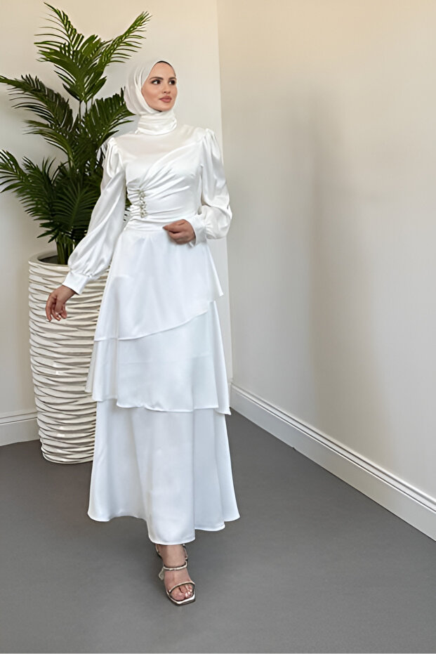 Yandan Stone Layer Satin Evening Dress