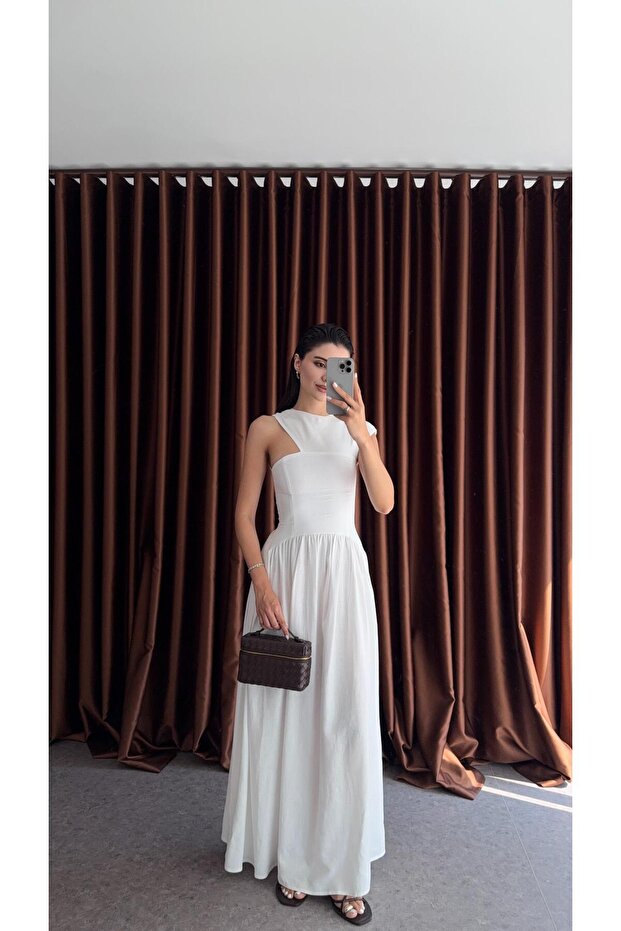Linen White Dress with Shoulder Detail