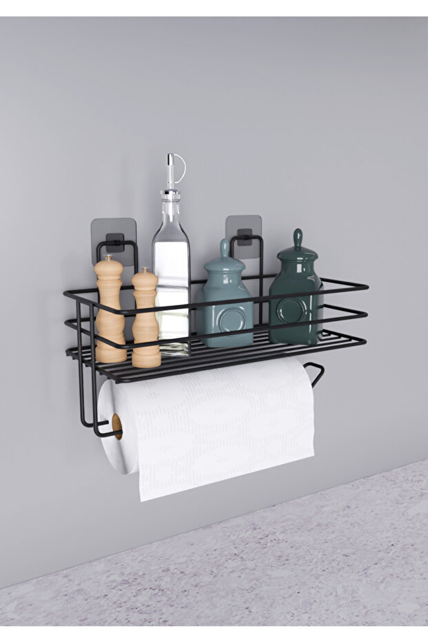 Yapışkanlı Raflı Kağıt Rulo Havluluk Peçetelik Siyah Banyo Mutfak Düzenleyici Raf - 2