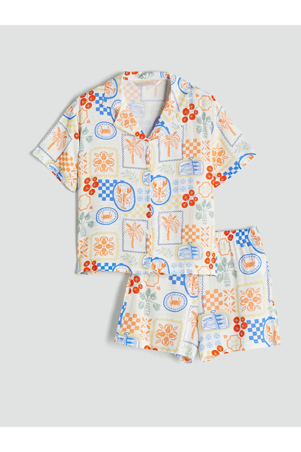LCW DREAM Ekru Gömlek Yaka Desenli Kadın Şortlu Pijama Takımı - 1