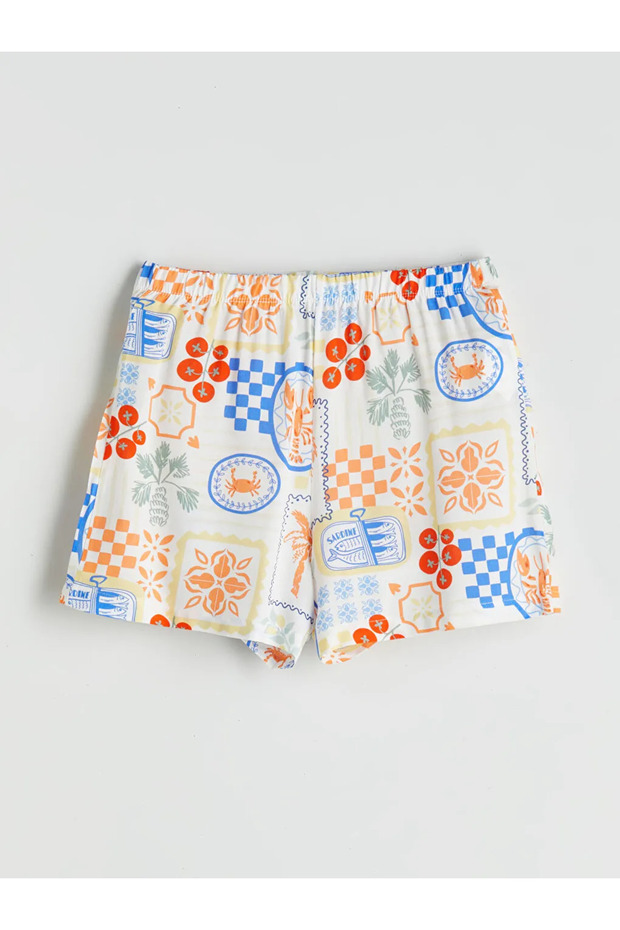 LCW DREAM Ekru Gömlek Yaka Desenli Kadın Şortlu Pijama Takımı - 4
