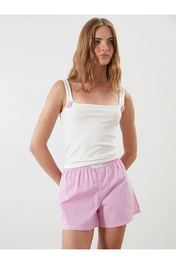 LCW DREAM Pembe Kare Yaka Çizgili Kadın Şortlu Pijama Takımı - 1