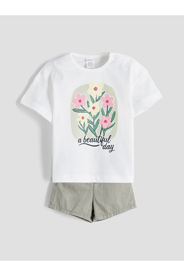 Bisiklet Yaka Kız Bebek Tişört ve Jean Şort - 1