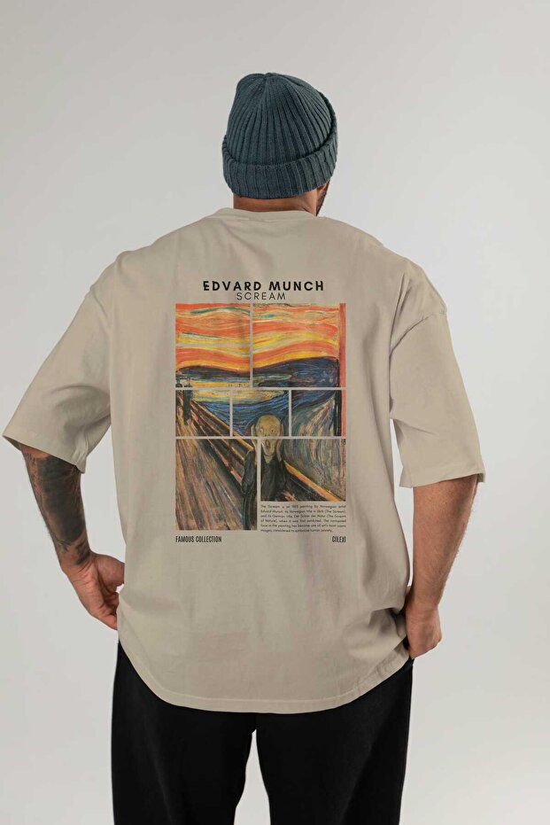 Edvard Munch Scream Back Printed Beige Oversize T-Shirt Men Women Crew Neck Cotton T-Shirt