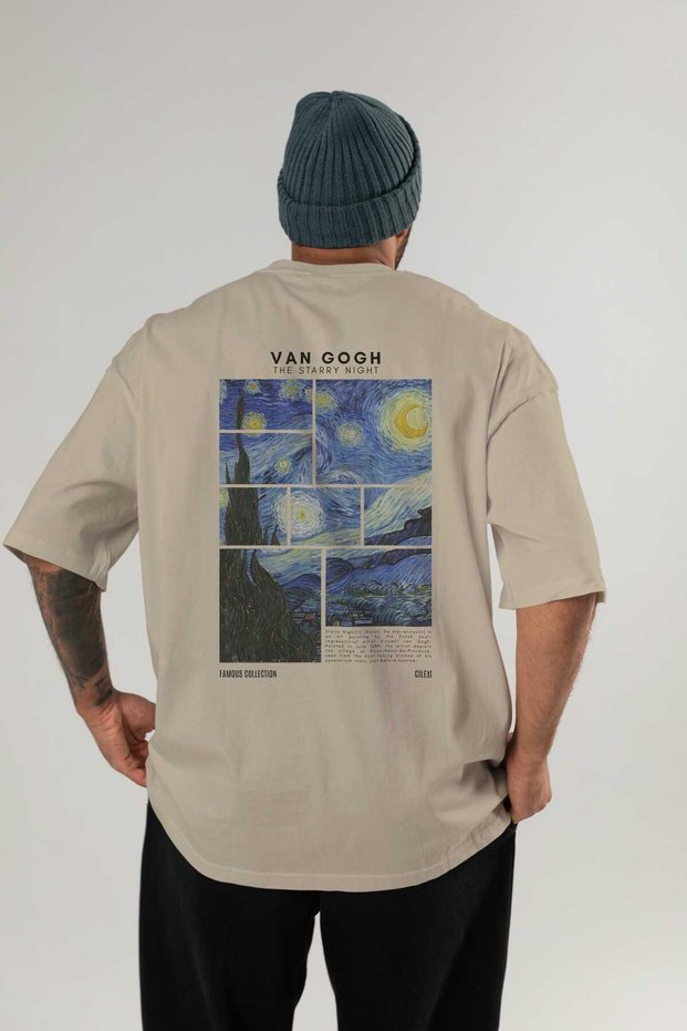 Van Gogh the Starry Night Back Printed Beige Oversize T-Shirt Men Women Crew Neck Cotton T-Shirt