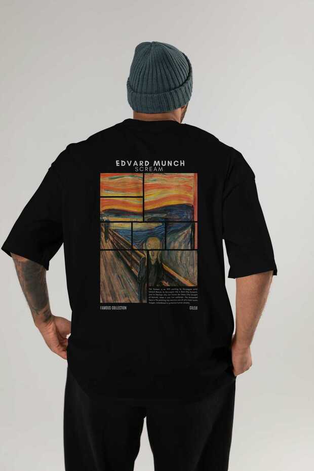 Edvard Munch Scream Back Printed Black Oversize T-Shirt Men Women Crew Neck Cotton T-Shirt