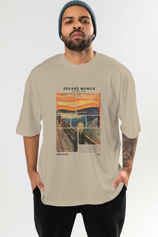 Edvard Munch Scream Front Printed Beige Oversize T-Shirt Men Women Crew Neck Cotton T-Shirt