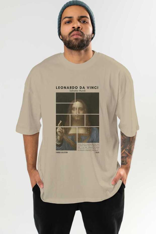 Salvador Mundi Front Printed Beige Oversize T-Shirt Men Women Crew Neck Cotton T-Shirt