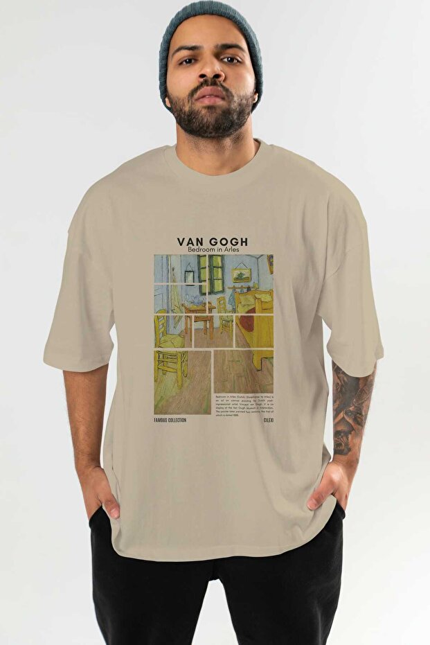 Van Gogh Front Printed Beige Oversize T-Shirt Men Women Crew Neck Cotton T-Shirt