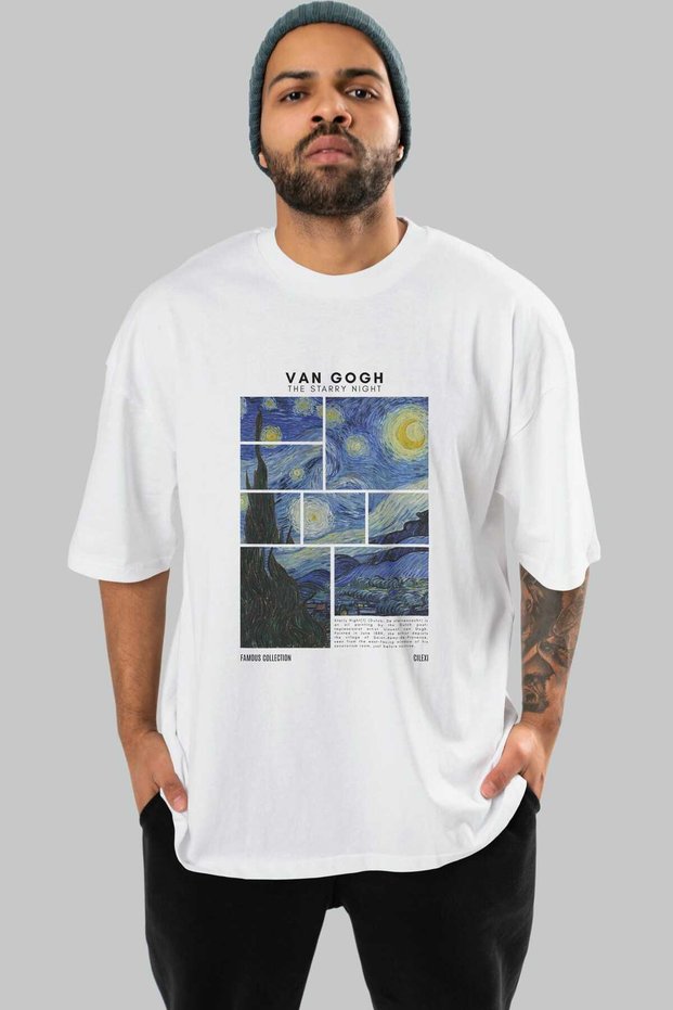 Van Gogh the Starry Night Pre-Printed White Oversize T-Shirt Men Women Crew Neck Cotton T-Shirt