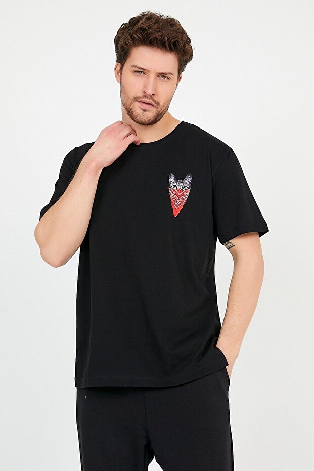 Unisex Black Masked Cat Printed Loose Fit Oversize Cotton Tshirt