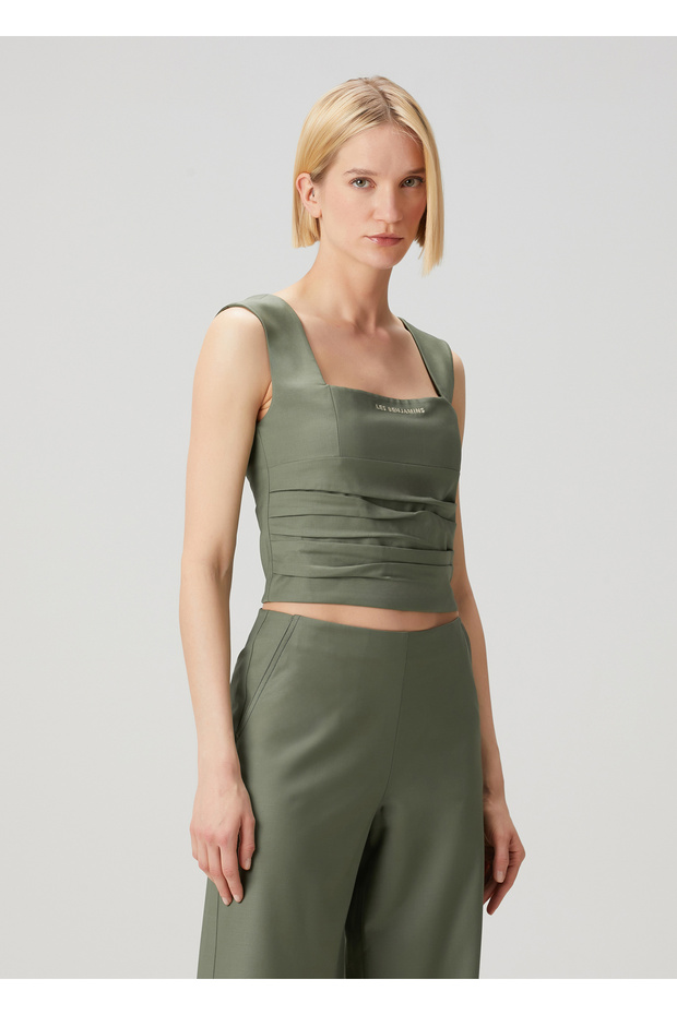 Haki Drapeli Yün Bluz - 3