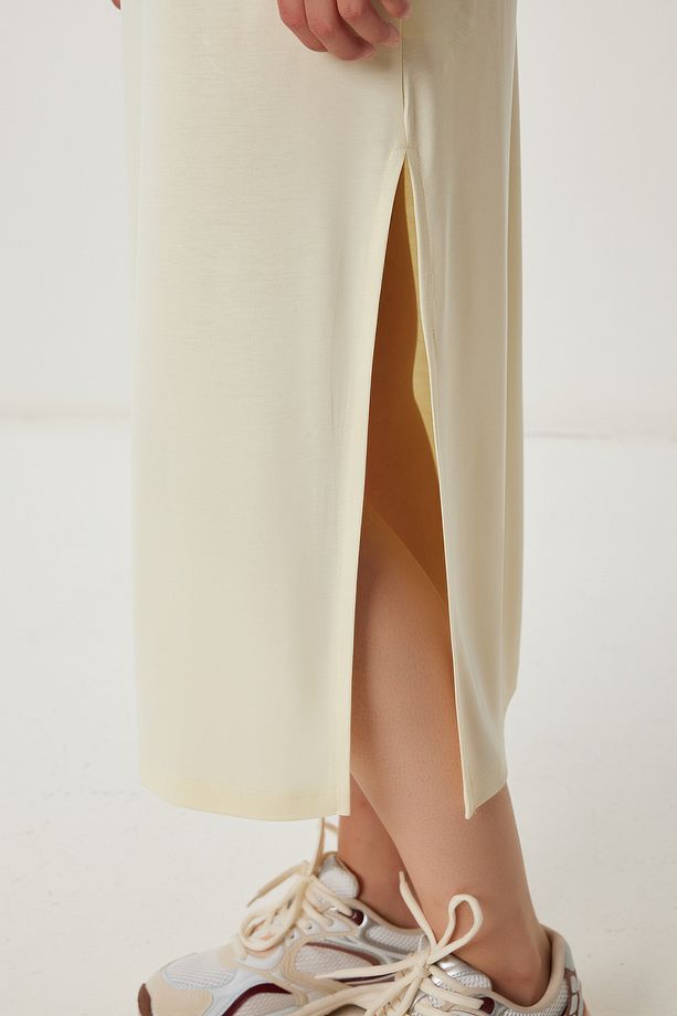 Oversize Basic Yazlık Örme Elbise LUB0082 SARI - 4