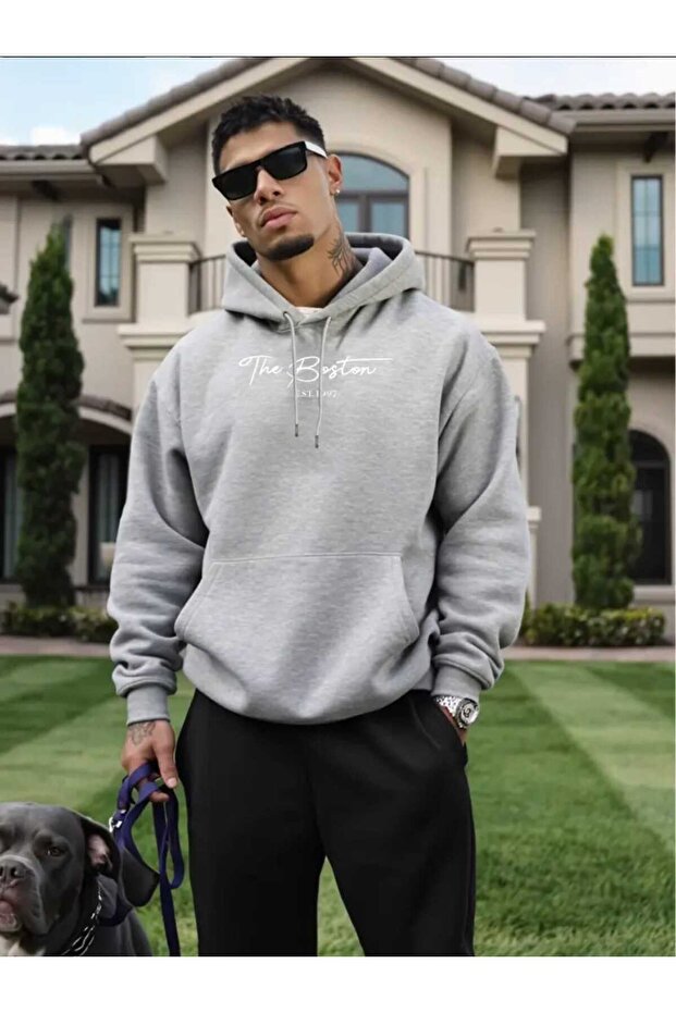 The Boston Est Printed Hooded Pocket Wool Inside Gray Sweatshirt