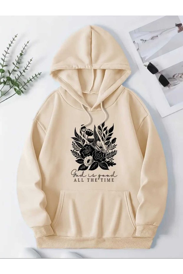 God All the Time Printed Hooded Pocket Cotton Beige Sweatshirt