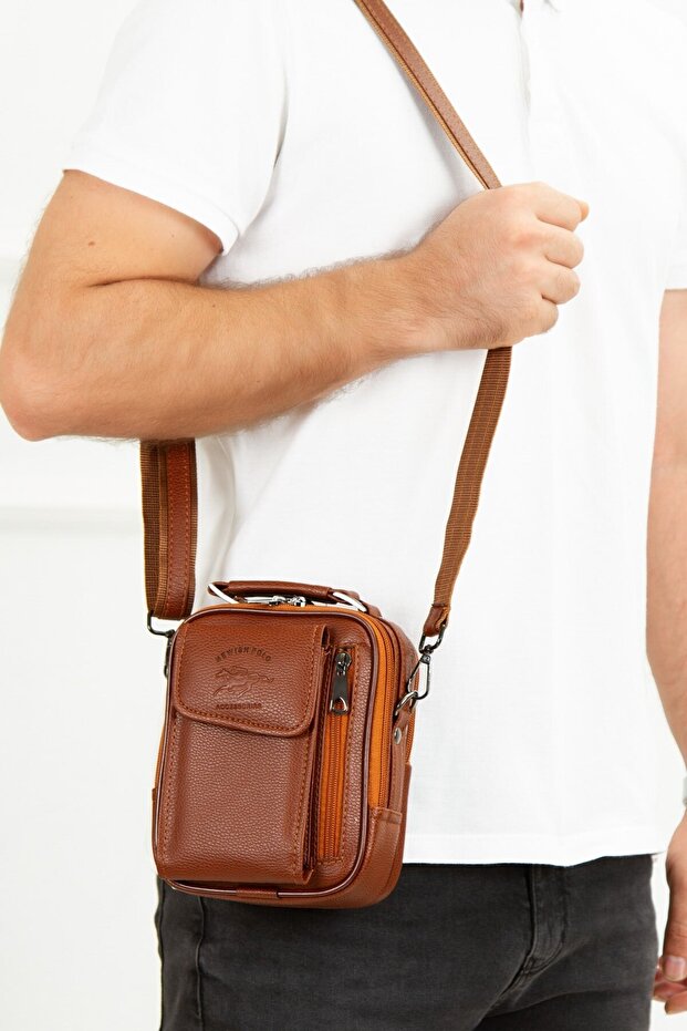 Men's Leather Steel Case Clamshell Shoulder and Hand Bag (15X19Cm) - Tan