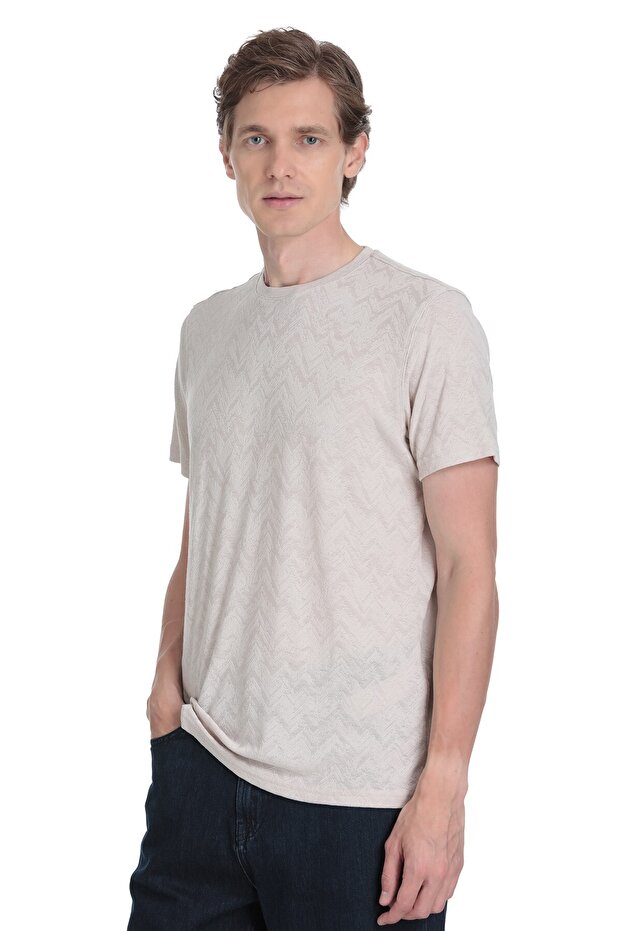 Ekru Regular Fit Bisiklet Yaka Tişört - 1