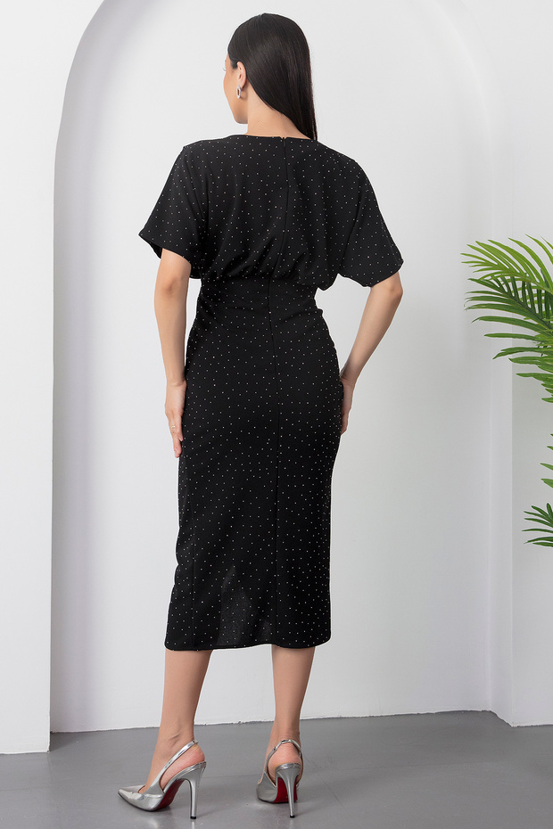 Bisiklet Yaka Taşlı Yırtmaçlı Elbise DKS1313 - 4