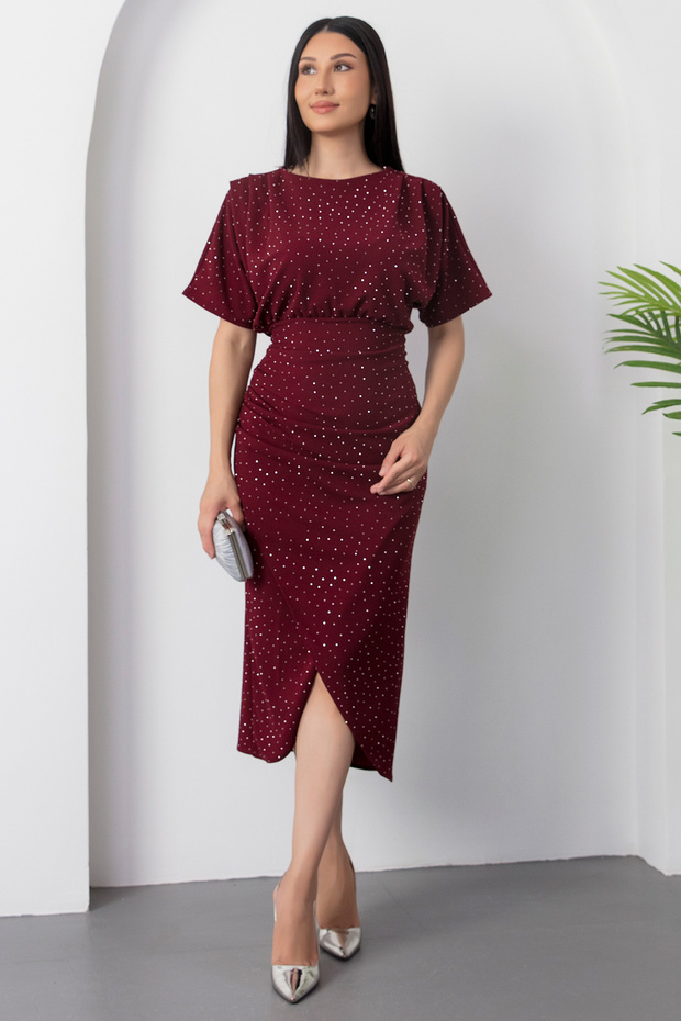 Bisiklet Yaka Taşlı Yırtmaçlı Elbise DKS1313 - 1