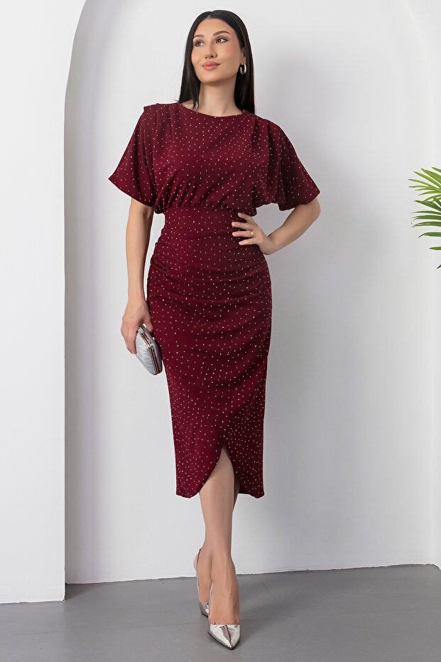 Bisiklet Yaka Taşlı Yırtmaçlı Elbise DKS1313 - 6