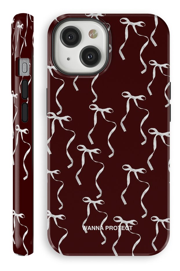 iPhone 14 Double Layer Shock Absorbing Protection Burgundy Bow Glossy Superior Protect Phone Case